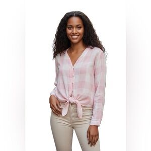 Rails Sloane Pink check, cottage core, coastal core long sleeve crop top shirt